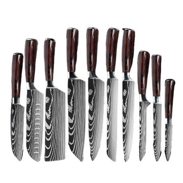 Keukenmes Set, Damascus Patroon, Japanse Santoku Mes