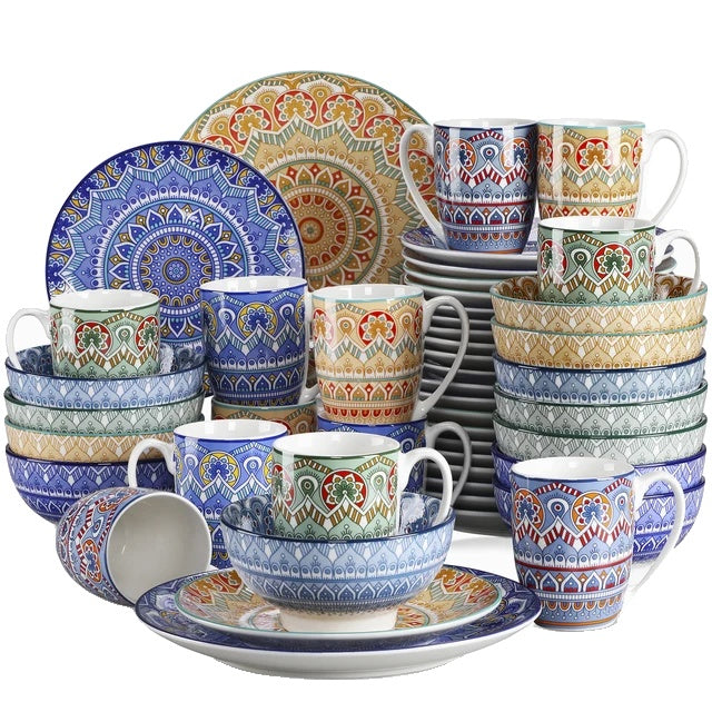 Porseleinen Servies Set, Boheems Mandala Patroon, Turkooise Kleur