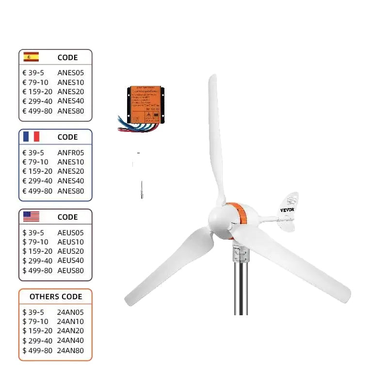 Windturbinegenerator, 12V/AC, 400W vermogensopbrengst, geschikt voor gebruik op terrassen en op zee.