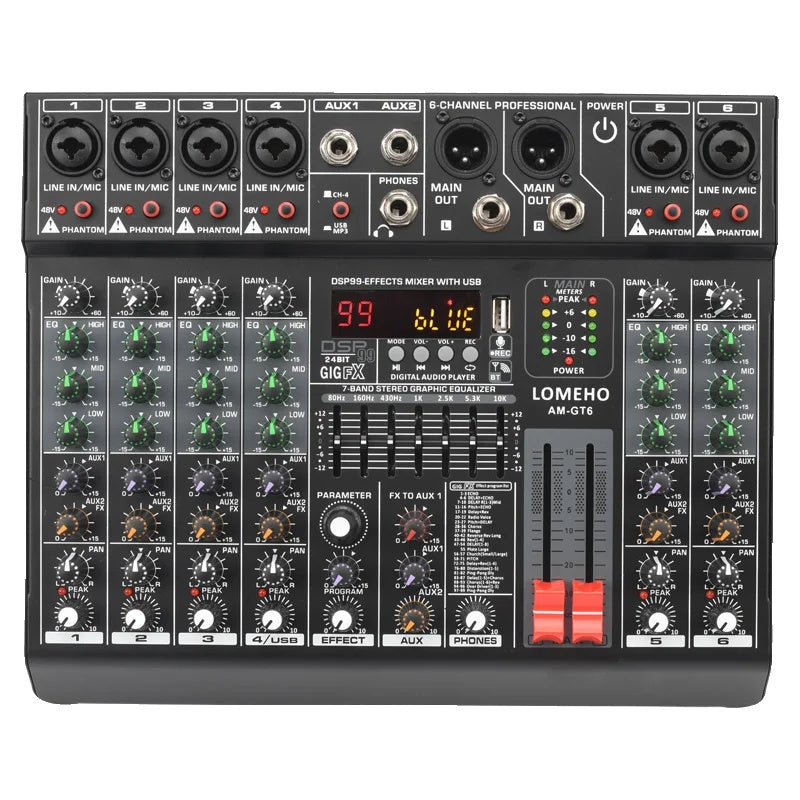 Audio geluidsmixer, 7-bands equalizer, USB 2 AUX-uitgang