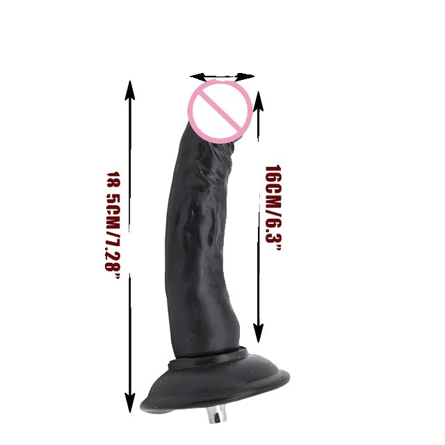 Seksmachine opzetstuk, VAC-U-Lock, grote zwarte en vleeskleurige dildo's.