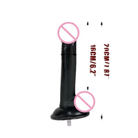 Seksmachine opzetstuk, VAC-U-Lock, grote zwarte en vleeskleurige dildo's.