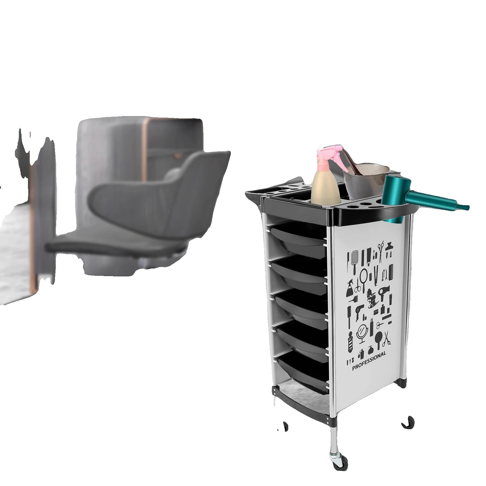 Salon Trolley, 5 uittrekbare lades, inklapbare gereedschapshouders