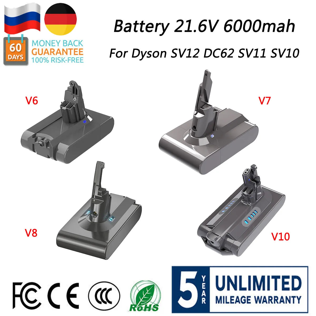 Batterij, 216V, 6000mAh, Dyson V7