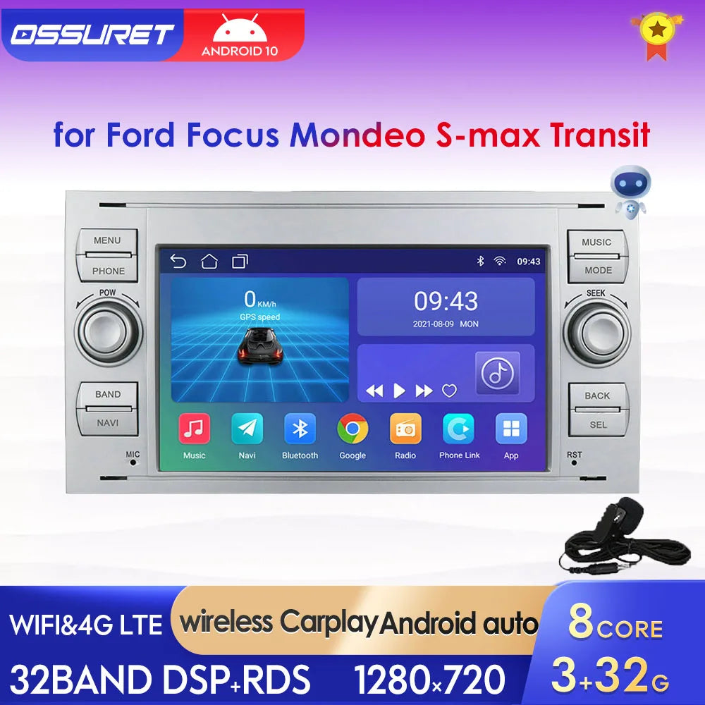 Auto Radio Android, Ford Focus S-max C MAX Kuga Galaxy Fiesta Transit Fusion Connect Mondeo Carplay Autoradio Audio AI Stem