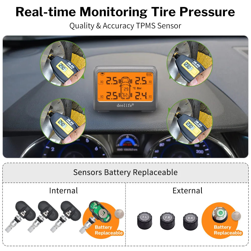 Solar TPMS, 4-wiel banden batterij vervangbare interne externe sensoren