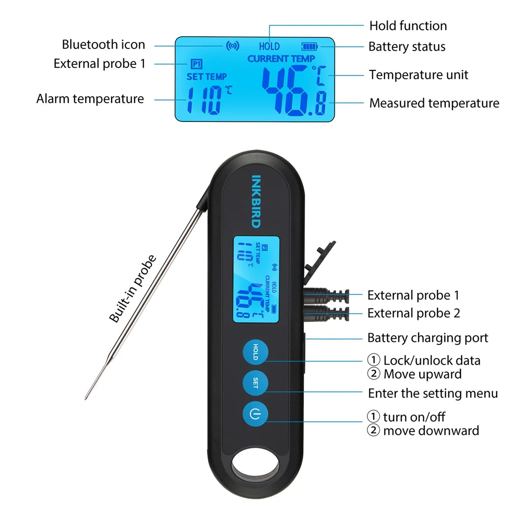 Digitale Vleesthermometer, 2 Sec Snelle Uitlezing, Bluetooth