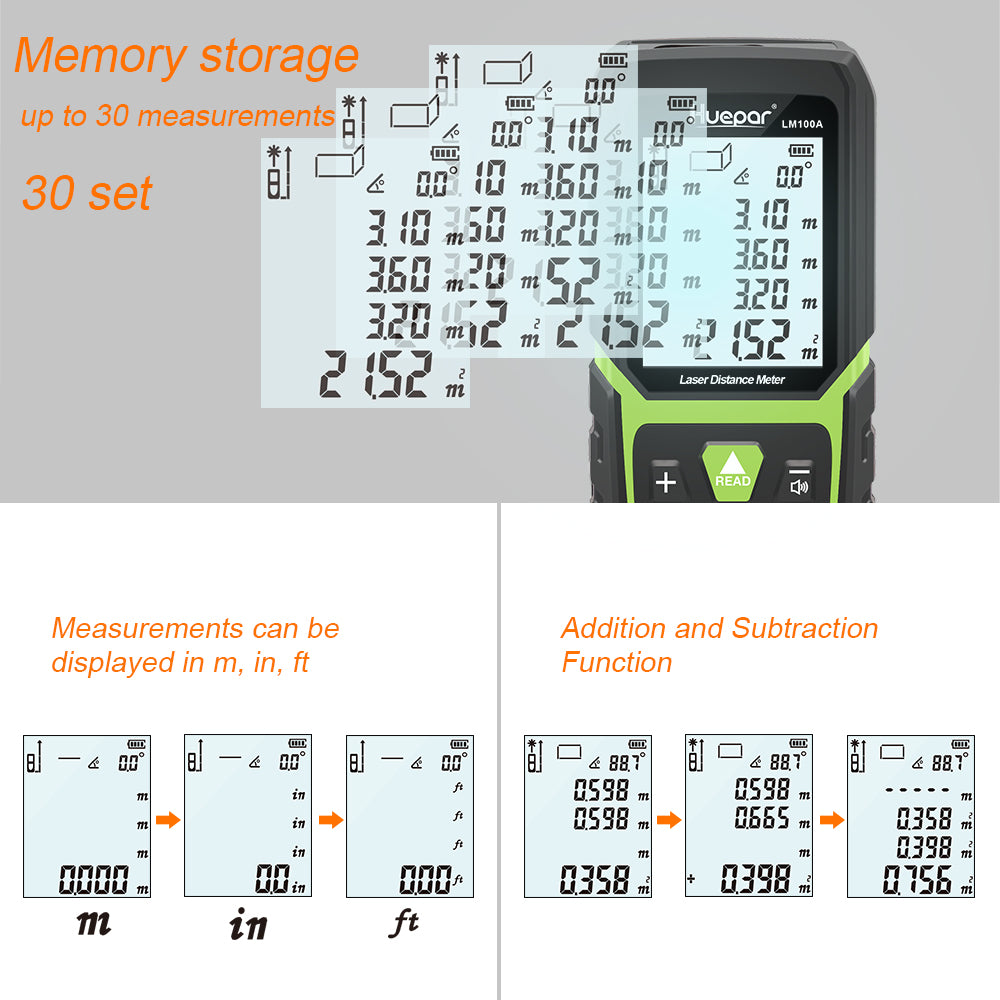 Laser afstandsmeter, verlicht LCD-scherm, Li-ion batterij