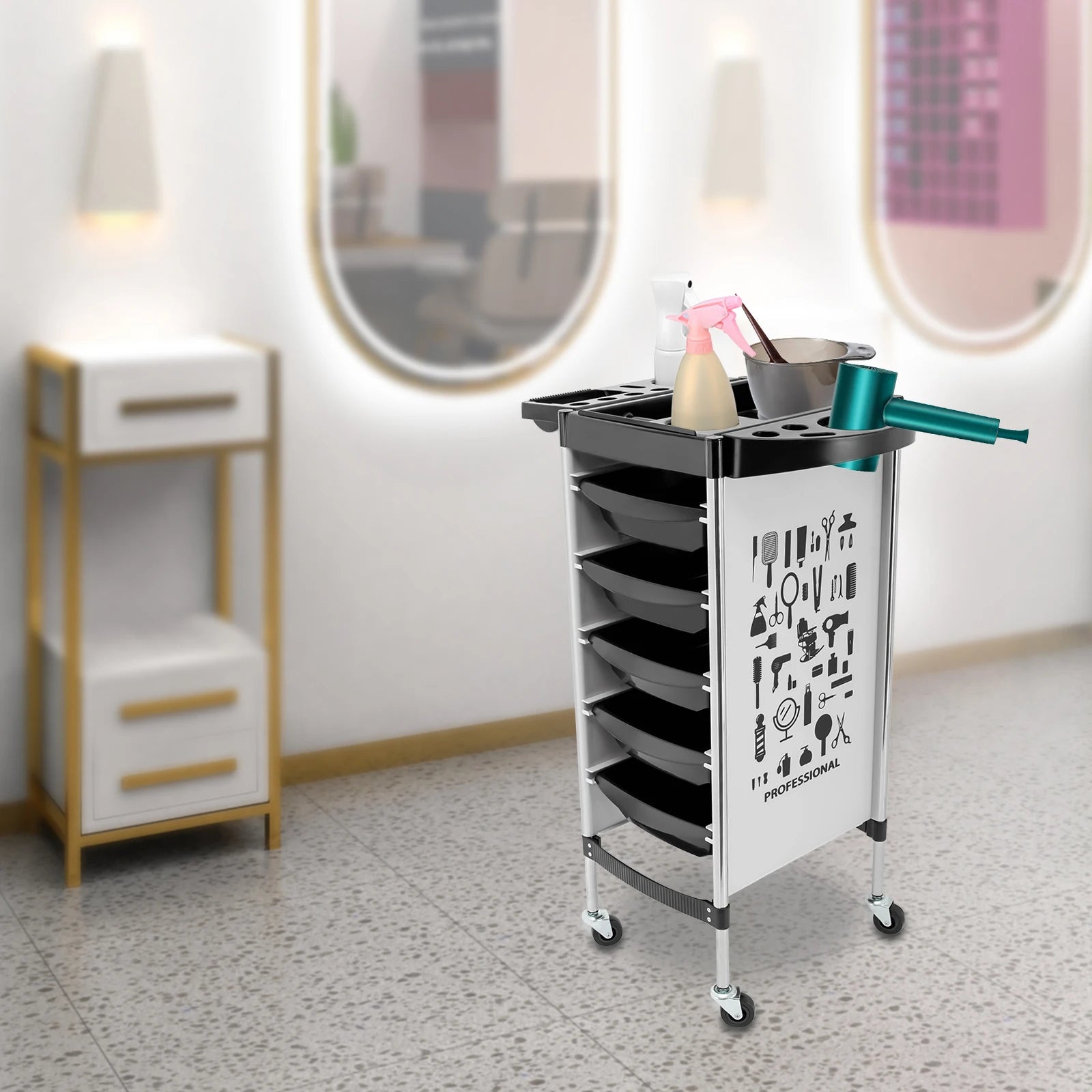 Salon Trolley, 5 uittrekbare lades, inklapbare gereedschapshouders