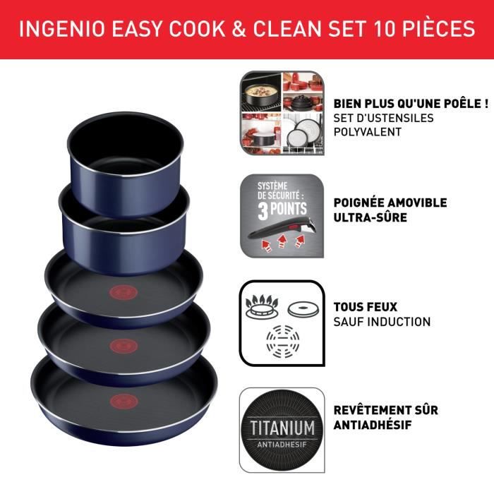 Tefal L1579102 Ingenio Easy Cook N Clean Kook Battery 10 stukken, anti-aanbak, alle warmtebronnen behalve inductie, gemaakt in Frankrijk