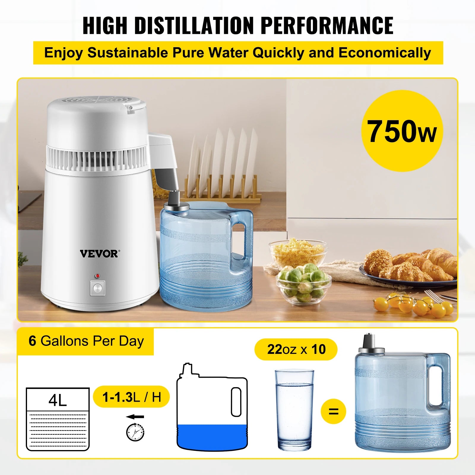 Waterdestilleerder, 4 liter capaciteit, roestvrijstalen constructie