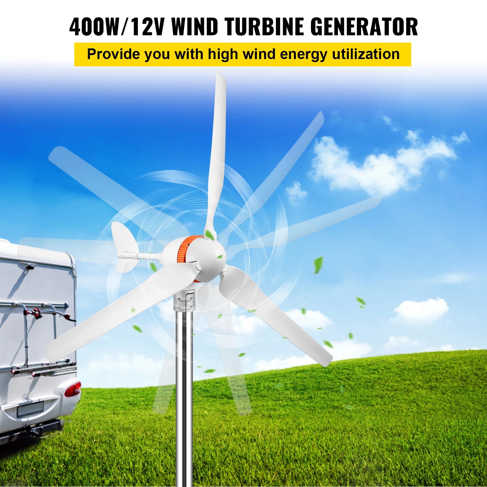 Windturbinegenerator, 12V/AC, 400W vermogensopbrengst, geschikt voor gebruik op terrassen en op zee.