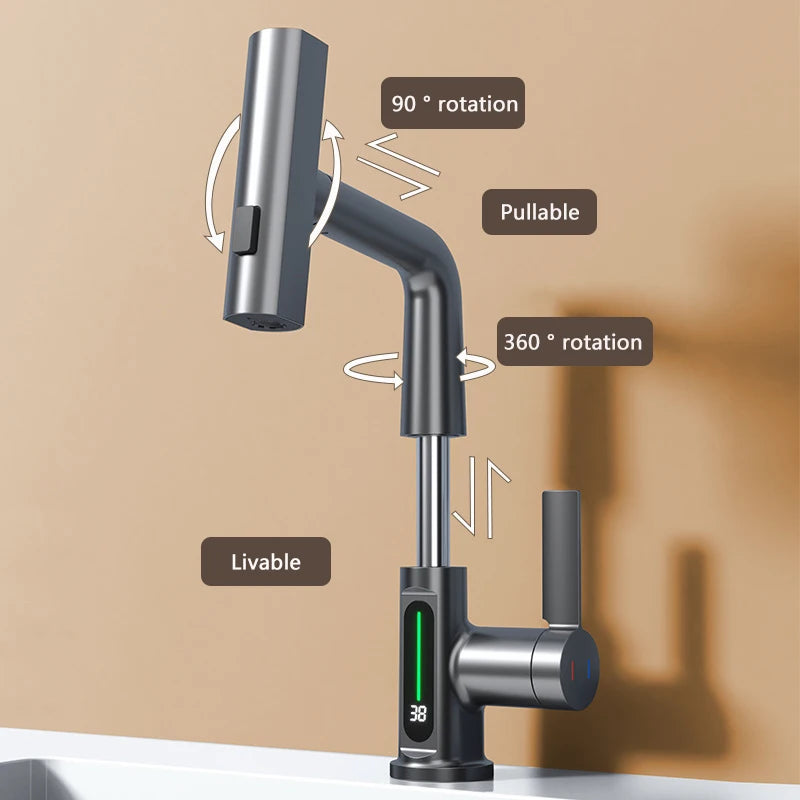 Waterval wastafelkraan, uittrekbaar ontwerp, digitaal temperatuurdisplay