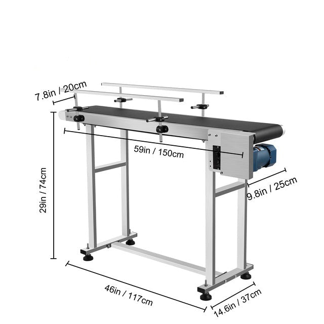 Transportbandmachine, 150 CM lengte, roestvrijstalen leuning