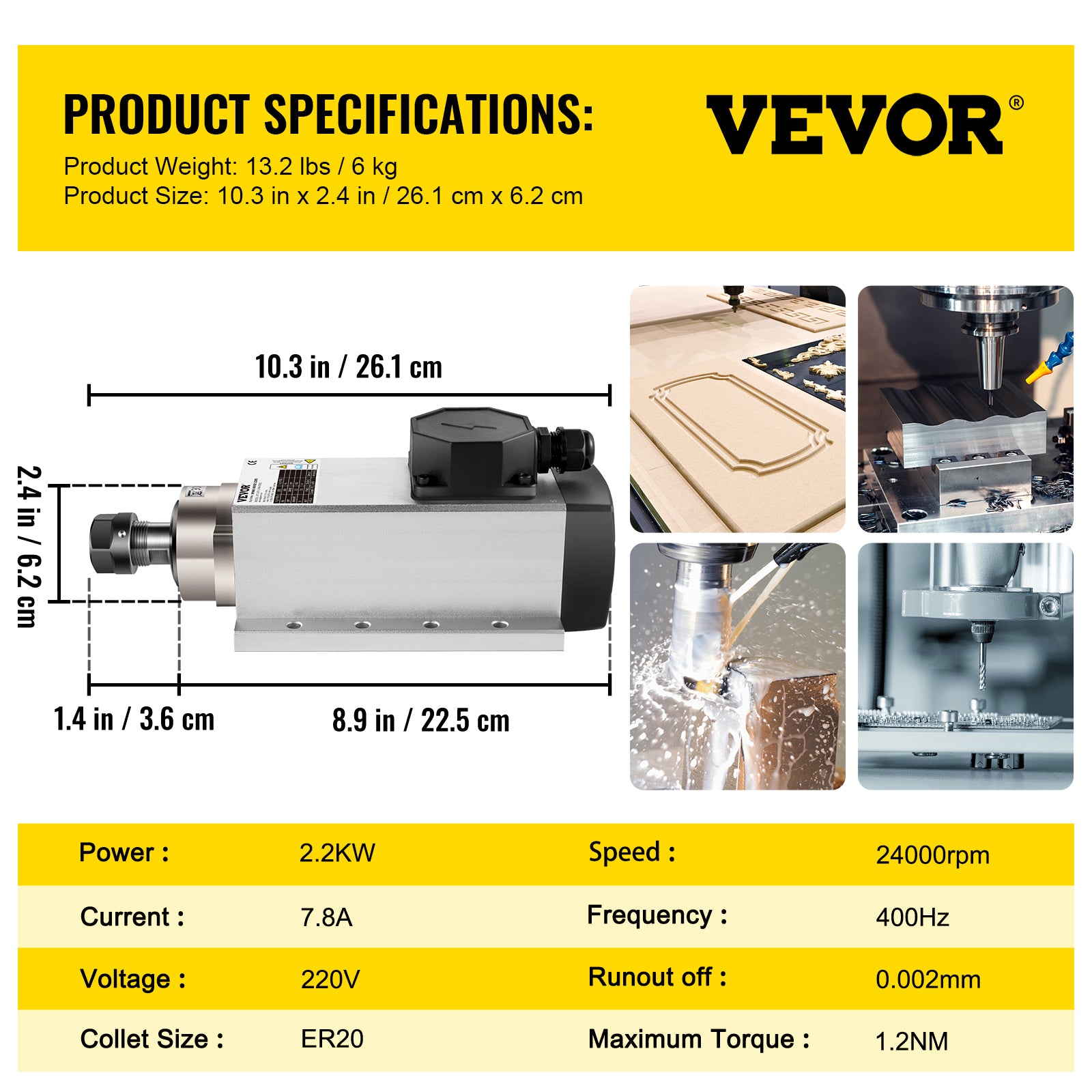 2,2 kW luchtgekoelde spindelmotor ER20 - 4 lagers, 24.000 tpm, dynamisch